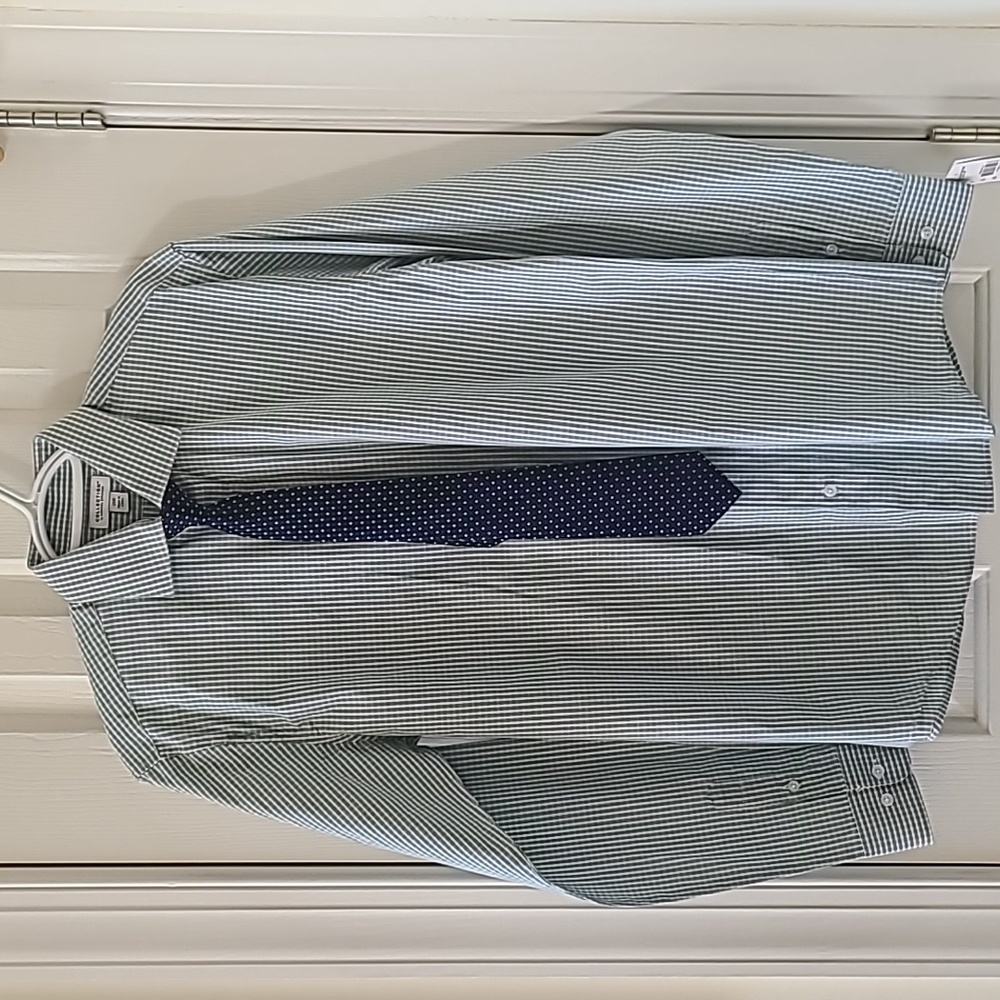 MICHAEL STRAHAN COLLECTION YOUNG MENS GREEN & WHITE BUTTON SHIRT W/ TIE SIZE 20R